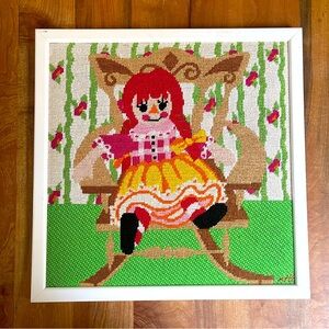 Vintage Raggedy Ann Doll Needlepoint Embroidery Pro Wood Frame 15 x 15 Green Red